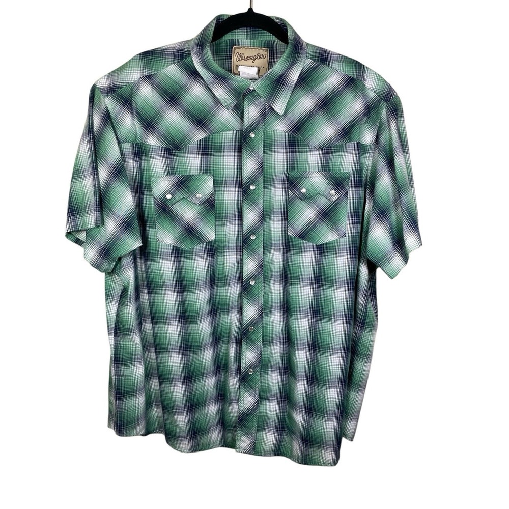 Wrangler Western Mens Plaid‎ Shirt 2XL Short Sleeve Green Bl Pearl Snap Cotton